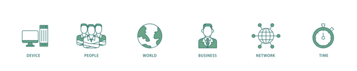 Internet of things icon infographic illustration concept with icon of device, people, world, business, network and time icon live stroke and easy to edit 