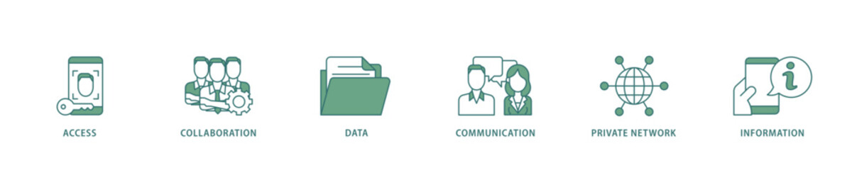 Intranet icon infographic illustration concept with icon of access, collaboration, data, communication, private network, and information technology icon live stroke and easy to edit 
