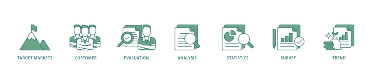 Market research icon infographic illustration concept with icon of target markets, customer, evaluation, analysis, statistics, survey and trend icon live stroke and easy to edit 