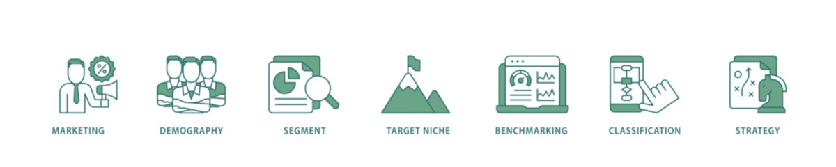 Market segmentation icon infographic illustration concept with icon of marketing, demography, segment, target niche, benchmarking, classification, strategy icon live stroke and easy to edit 