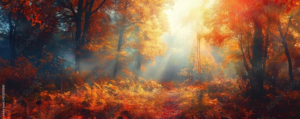 Poster a stunning autumn forest scene with golden leaves, sunlight filtering through trees, creating a sere