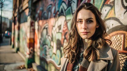 Naklejka premium Capture a portrait of a woman standing against a vibrant graffiti-covered wall, with the details of the street art adding texture to the background