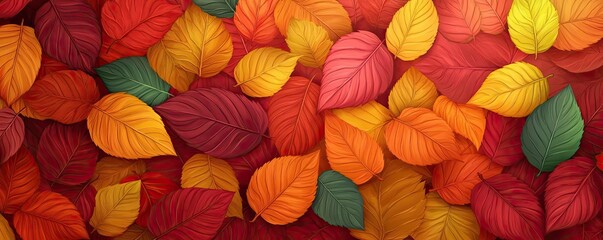 Fototapeta premium Vibrant autumn leaves in shades of red, orange, and yellow create a stunning natural pattern perfect for seasonal visuals.
