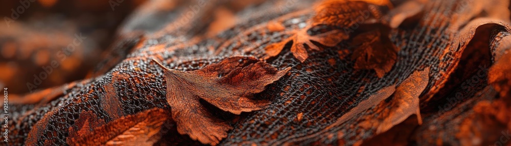 Poster Close-up of vibrant autumn leaves resting on a textured surface, showcasing rich colors and intricate patterns.