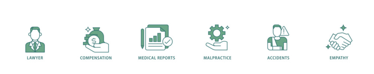 Personal injury law icon infographic illustration concept with icon of malpractice, empathy, accidents, medical reports, compensation, lawyer icon live stroke and easy to edit 
