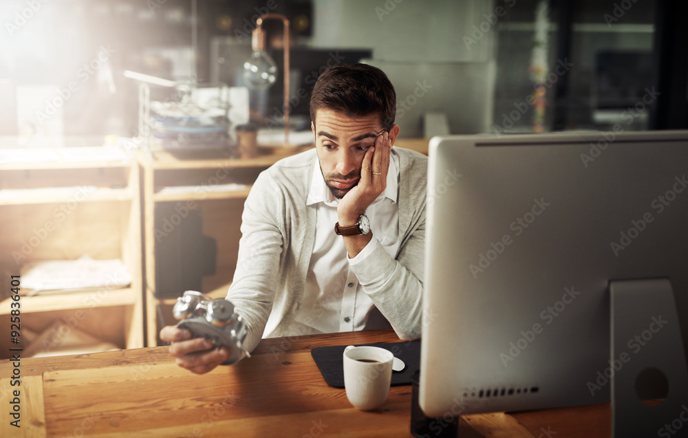 Poster Man, alarm clock and office with tired, fatigue and burnout with desktop computer, bored and exhausted. Male person, professional and overwhelmed with workload, frustrated and overworked in corporate