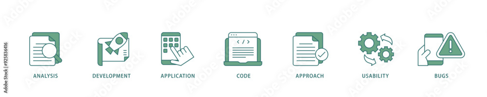 Aufkleber software testing icon infographic illustration concept with icon of bugs, code, usability, approach,