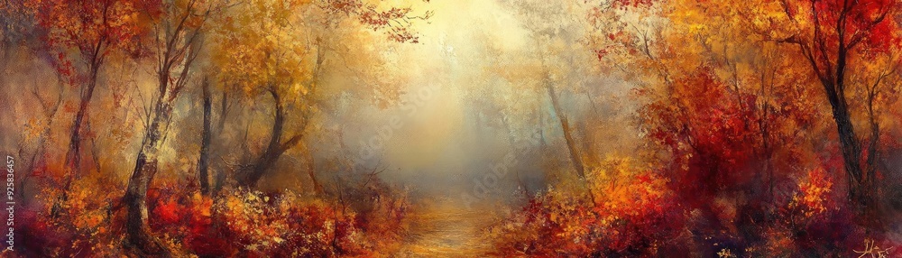 Poster A tranquil autumn landscape featuring vibrant foliage and soft sunlight filtering through misty trees, creating a serene atmosphere.