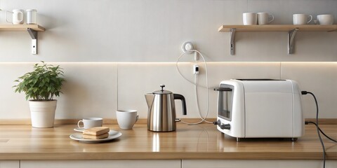 Stainless Steel Kitchen Essentials: A sleek and modern kitchen countertop features a gleaming stainless steel toaster and kettle, ready to brew a perfect morning coffee or tea.  