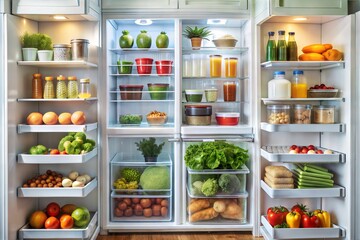 Open Fridge, Healthy Lifestyle: A modern refrigerator stocked full of fresh, colorful produce, drinks, and healthy ingredients, promoting a vibrant and nutritious diet. 