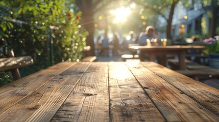 Wooden table in the foreground, with people sitting at tables and chairs in a restaurant coffee shop or eatery.