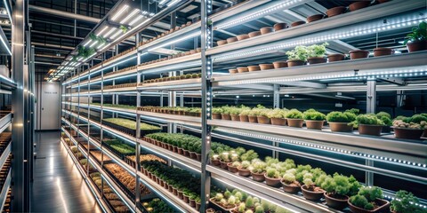 The Future of Farming: Verdant rows of crops flourish under the glow of LED lights in a state-of-the-art vertical farm, showcasing sustainable agriculture at its finest. 
