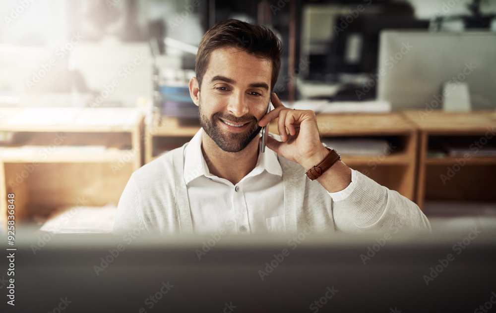 Poster businessman, phone call and office with talking, communication and conversation on desktop computer.