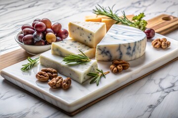 Cheese Board Delights: A medley of gourmet cheeses, including blue cheese, goat cheese, and cheddar, are artfully arranged on a marble cheese board, accompanied by fresh grapes, rosemary sprigs