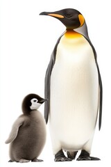 Obraz premium A proud emperor penguin stands beside its curious chick in a snowy habitat