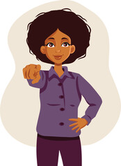 Happy Woman Smiling and Pointing to the Camera Vector Cartoon. Cheerful girl feeling joyful and excited about something
