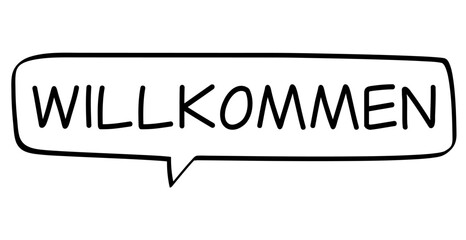 Willkommen in Sprechblase, deutsches Wort in schwarz in schwarzer Blase isoliert auf weißem Hintergrund, Konzept, Vektor Illustration