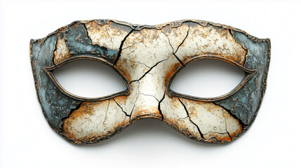 A close-up of a cracked and weathered Venetian mask with a distressed, aged appearance, set against a white background