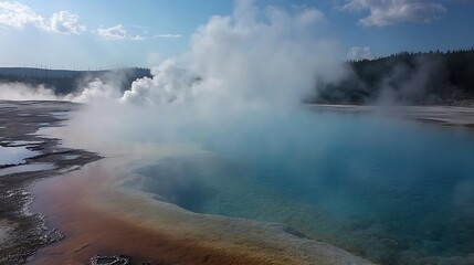 A blue pool of water with steam rising from it, surrounded by brown earth.