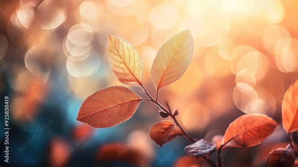 Poster a close-up of vibrant leaves showcasing autumn colors, illuminated by soft bokeh lights in a dreamy 