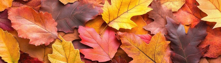 Colorful autumn leaves spread across the ground, showcasing vibrant hues of red, orange, yellow, and brown, creating a serene scene.
