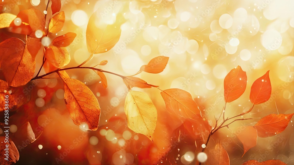 Poster vibrant autumn leaves with warm golden hues and soft bokeh highlights, creating a serene and peacefu