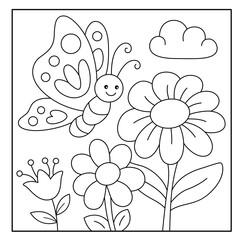 Cute flowers and butterfly coloring page for kids