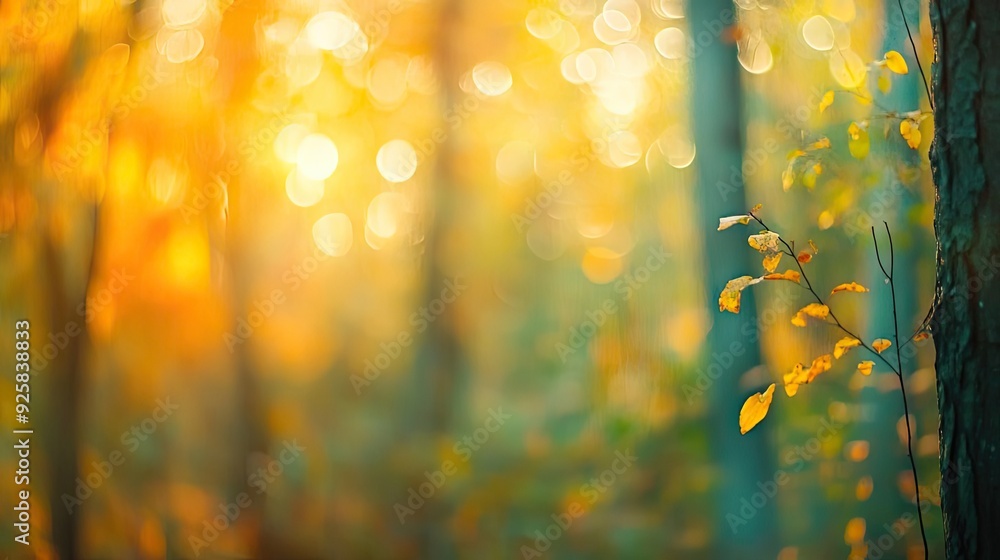 Poster a serene forest scene with beautiful bokeh effect, showcasing vibrant autumn colors and soft sunligh