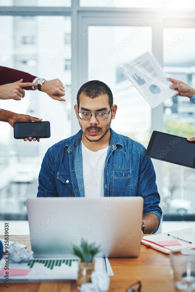 Poster hands, laptop and multitask with designer man at desk in office for social media analytics or deadli