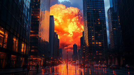 A city street at dusk with tall skyscrapers and a strikingly large orange cloud filling the sky, creating a surreal contrast with the city lights