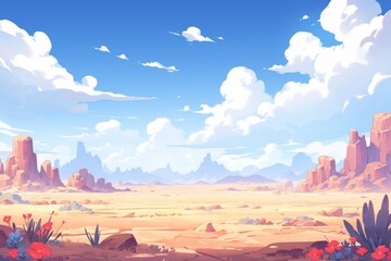 Enchanting Anime-Style Desert Arena: A 2D Fantasy Battleground for Mobile Games with a Mountainous Desert and Colorful Cloudy Sky in a Flat Cartoon Style,Anime style, storybook illustrations