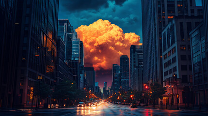 A city street at dusk with tall skyscrapers and a strikingly large orange cloud filling the sky, creating a surreal contrast with the city lights