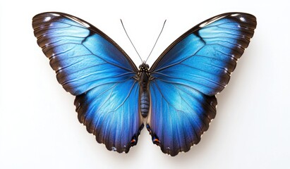 Beautiful blue Butterfly with open wings on a white minimalistic background, top view shot photography