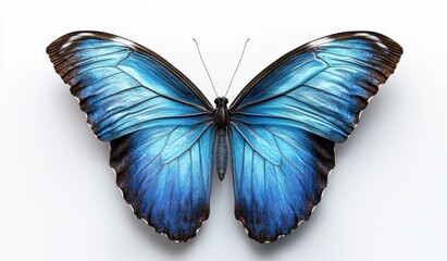 Fototapeta premium Beautiful blue Butterfly with open wings on a white minimalistic background, top view shot photography
