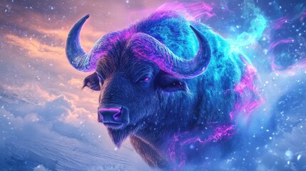 a bison with neon-glowing eyes and horns	