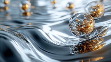 Golden molecular spheres floating on liquid surface with reflections.