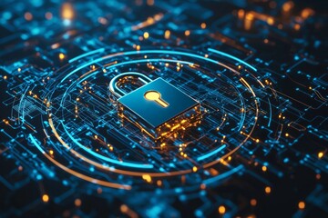 A padlock icon surrounded by circular frame on a blue digital background , concept of cyber security 
