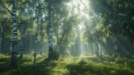 A realistic digital rendering of a lush, green forest with sunlight filtering through the leaves.