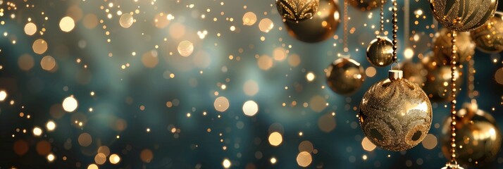 A luxurious design with hanging golden ornaments and twinkling lights along the top edge, providing a sophisticated backdrop for a Christmas sale announcement