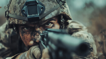 Fototapeta premium Close up view, A soldier with a gun ready to shoot