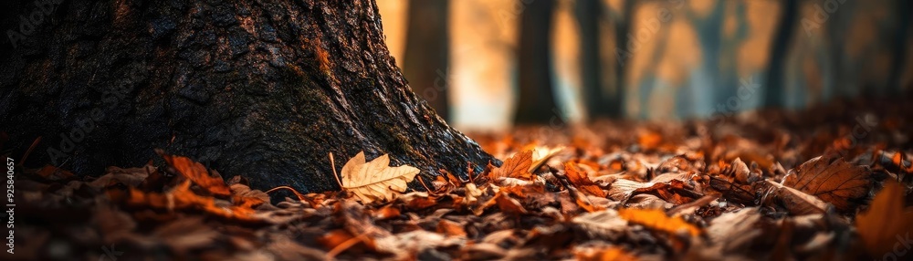 Poster a tranquil autumn scene featuring colorful leaves scattered around a tree trunk, capturing the beaut