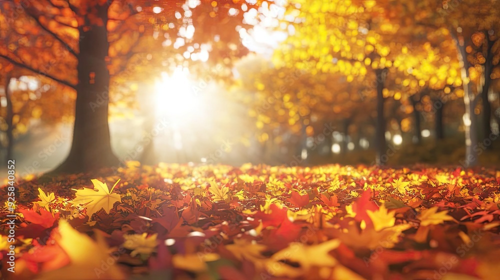 Poster a serene autumn landscape featuring vibrant orange and yellow leaves illuminated by soft sunlight fi