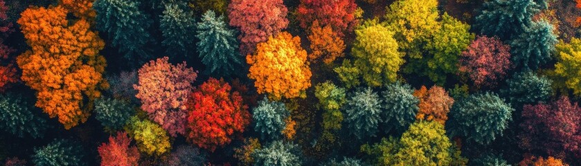 A breathtaking aerial view of diverse trees showcasing vibrant autumn colors in an enchanting natural landscape.