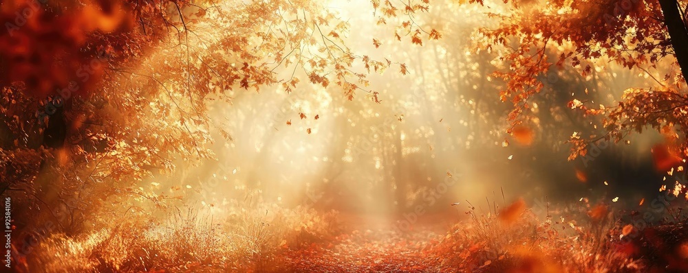 Poster A serene autumn scene showcasing golden leaves and soft sunlight filtering through trees, creating a warm, tranquil atmosphere.