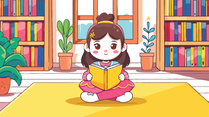 coloring page simple drawing of cartoon character reading a book in library , coloring book