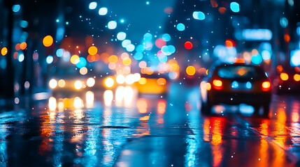 nighttime city street with a bokeh background, featuring an array of colorful, diffused streetlights and car headlights creating a dreamy, out-of-focus effect