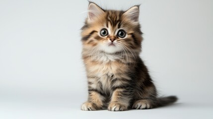 A fluffy Persian kitten sits on a pristine white background, looking directly at the camera with large, expressive eyes, its cute and curious expression captured perfectly, with the simple background 