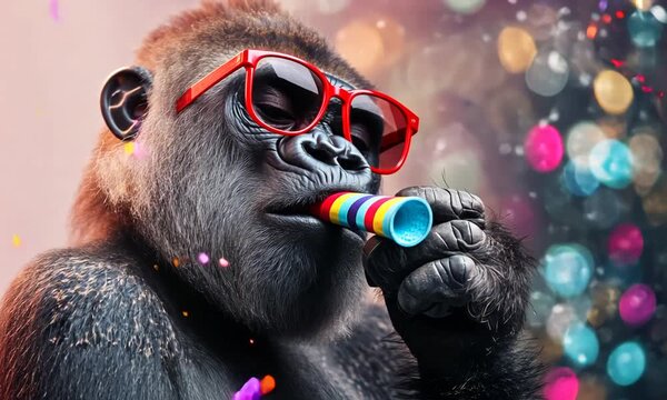 Funny gorilla with red sunglasses celebrating a party by blowing a striped horn