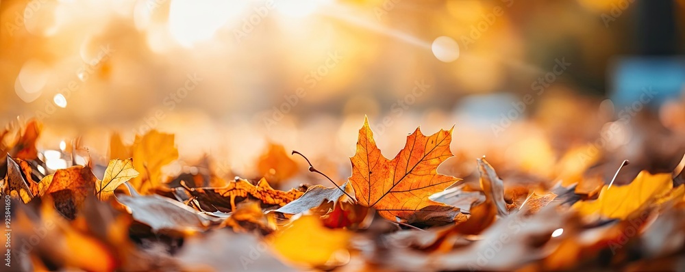 Poster a vibrant autumn scene featuring colorful leaves scattered on the ground, illuminated by warm sunlig