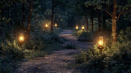 Obraz premium A spooky path through a dark forest, lit by glowing lanterns.